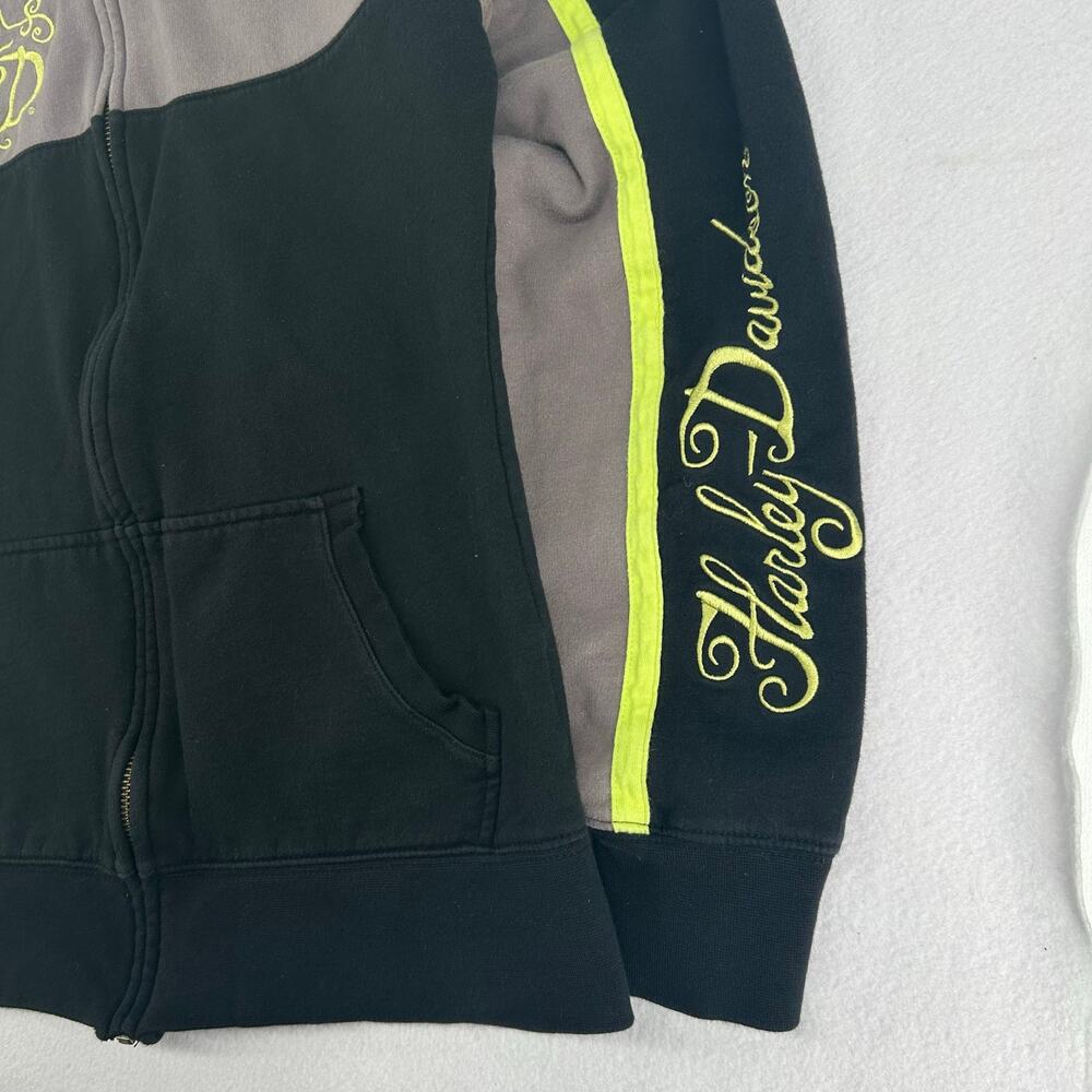 VTG y2k Women's Black Green Embroidered Harley Davidson Hoodie Sweatshirt Sz S - Picture 4 of 7